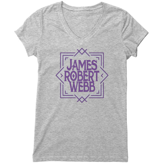 Beautiful, light heather gray, soft wash, v neck Bella tee with short sleeves and James Robert Webb logo. Super cute. Clean lines in purple. Looks vibrant and youthful.